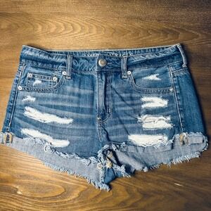 American Eagle Tomgirl Shortie Distressed Denim Shorts Blue Size 4 Cutoff y2k